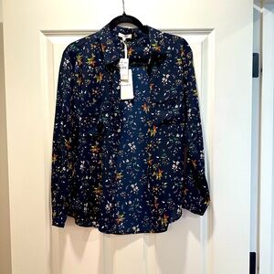 NWT Pleione Floral Long Sleeve Blouse, Navy, Women’s Small